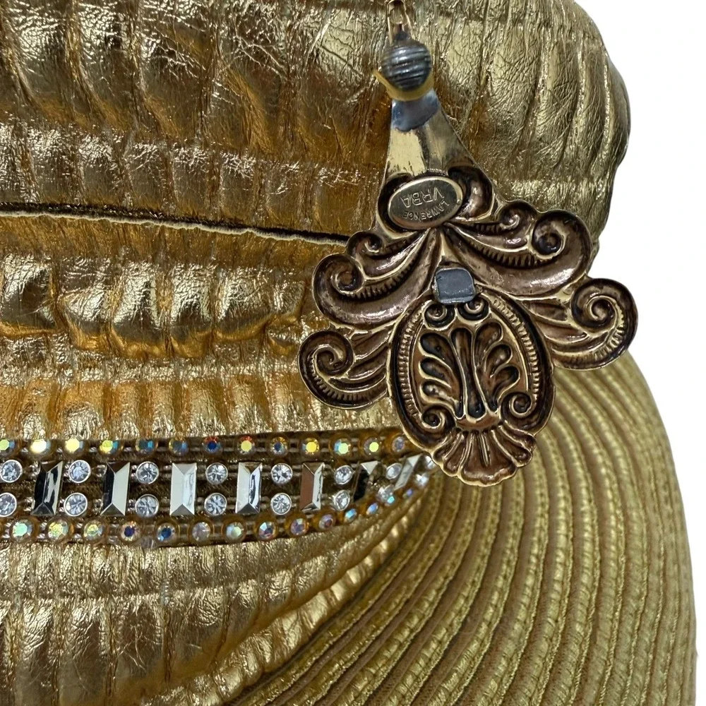 Shellie McDowell NY Gold Metallic Wide Brim Hat Lawrence Vrba Crystal Brooch